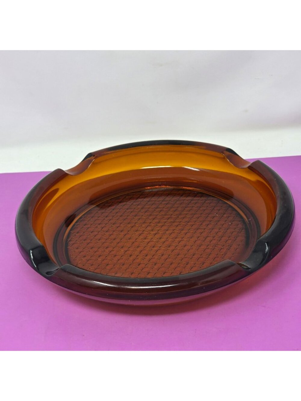 Vintage Amber Glass Ashtray Diamond Base Round Mid-Century Modern Home Decor